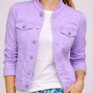 NWT - Talbots Lilac Ruffle Neck Denim Jacket MP Stretch Cotton Blend Petite